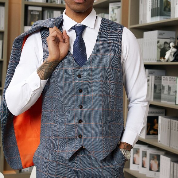 Grey/Orange Windowpane 3 Piece Stacy Adams Men's Suit - Picture 3 of 6